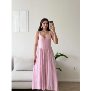 Askılı Önü Düğmeli Çilek Elbise - PEMBE