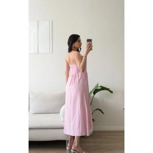 Askılı Önü Düğmeli Çilek Elbise - PEMBE