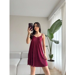 Askılı Pileli Elbise- BORDO