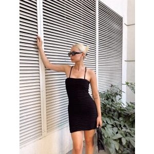 Askılı Sırt Detay Büzgülü Elbise-Siyah