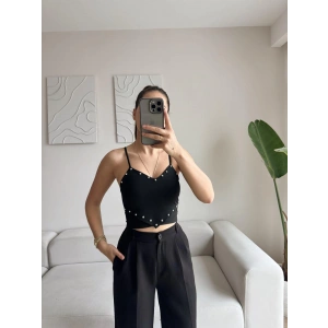 Askılı Taşlı Crop - SİYAH