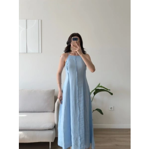Askılı Ters Dikiş Keten Elbise - MAVİ