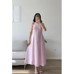 Askılı Ters Dikiş Keten Elbise - PEMBE