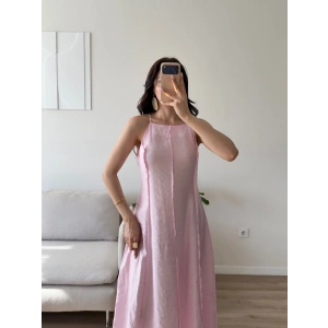 Askılı Ters Dikiş Keten Elbise - PEMBE