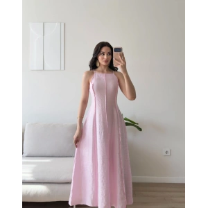 Askılı Ters Dikiş Keten Elbise - PEMBE
