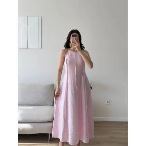 Askılı Ters Dikiş Keten Elbise - PEMBE