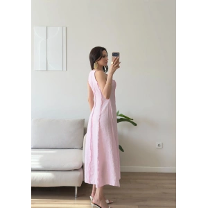 Askılı Ters Dikiş Keten Elbise - PEMBE