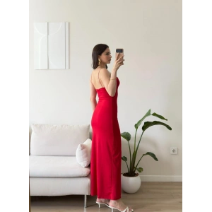 Askılı V Yaka Premium Elbise - KIRMIZI