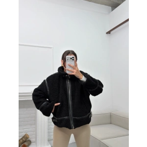 Astarlı Biyeli Peluş Mont - SİYAH