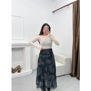 Astarlı Desenli Şifon Etek - LACİVERT