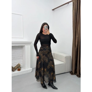 Astarlı Desenli Şifon Etek - SİYAH