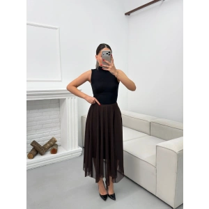 Astarlı Pileli Şifon Etek - KAHVE