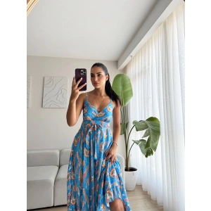 Ayar Askılı Desenli Astarlı Saten Elbise-MAVİ