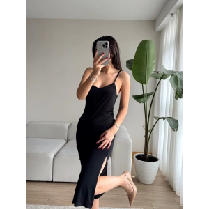 Ayarlanabilir Askı Çift Yırtmaç Elbise - SİYAH