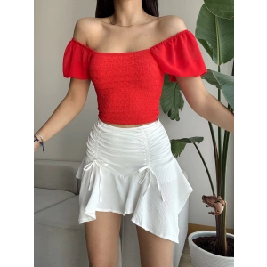 Bağcıklı Büzgülü Etek-BEYAZ