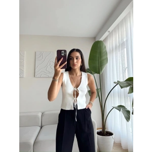 Bağcıklı Crop Yelek-BEYAZ