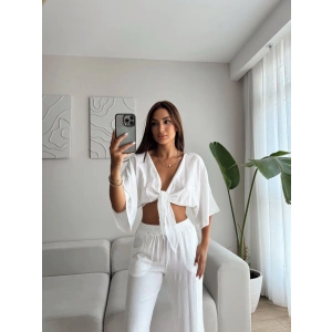 Bağlamalı Crop & Pantolon Takım - BEYAZ