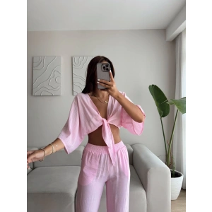 Bağlamalı Crop & Pantolon Takım - PEMBE