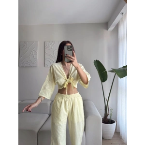 Bağlamalı Crop & Pantolon Takım - SARI