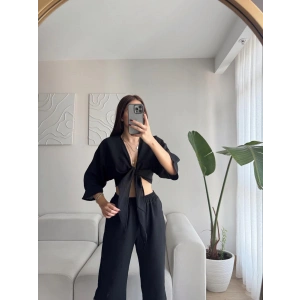 Bağlamalı Crop & Pantolon Takım - SİYAH