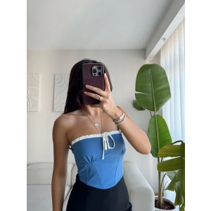 BSK Bağlamalı Straplez Crop - BEBE MAVİSİ