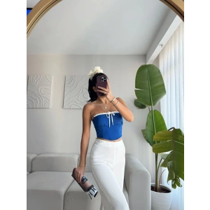 BSK Bağlamalı Straplez Crop- SAKS MAVİSİ