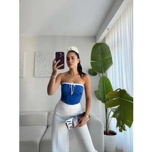 BSK Bağlamalı Straplez Crop-Saks MAVİ