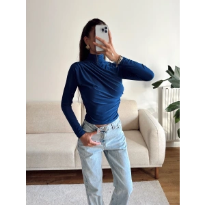 Balıkçı Yaka Drapeli Bluz - LACİVERT