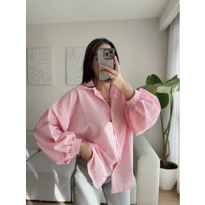 Balon Kol Oversize Çizgili Gömlek - PEMBE