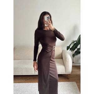 Bel Aksesuar Long Elbise - KAHVE