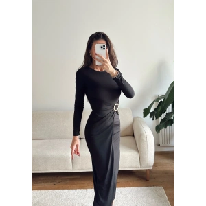 Bel Aksesuar Long Elbise - SİYAH