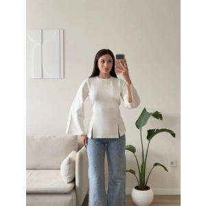 Bel Bağlamalı Çift Yırtmaç Bluz - BEYAZ