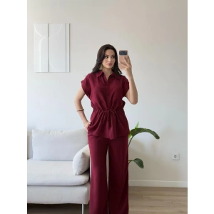 Bel Bağlamalı Gömlek Pantolon Takım - BORDO