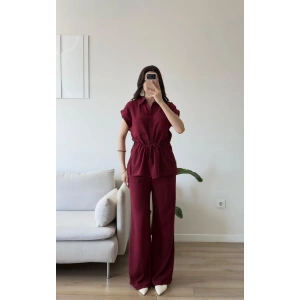 Bel Bağlamalı Gömlek Pantolon Takım - BORDO