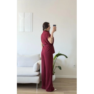 Bel Bağlamalı Gömlek Pantolon Takım - BORDO