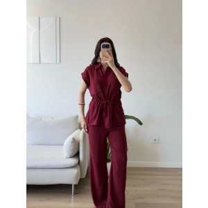 Bel Bağlamalı Gömlek Pantolon Takım - BORDO
