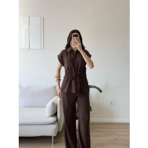 Bel Bağlamalı Gömlek Pantolon Takım - KAHVE