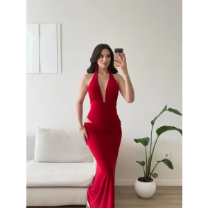 Bel Dekolte Halter Maxi Elbise - KIRMIZI