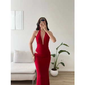 Bel Dekolte Halter Maxi Elbise - KIRMIZI