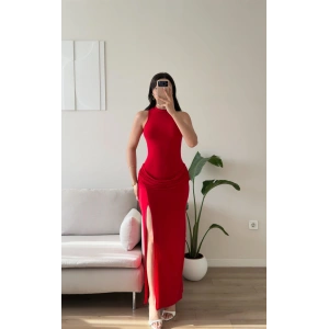 Bel Drape Halter Yırtmaçlı Elbise - KIRMIZI