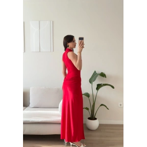 Bel Drape Halter Yırtmaçlı Elbise - KIRMIZI