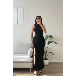 Bel Drape Halter Yırtmaçlı Elbise - SİYAH