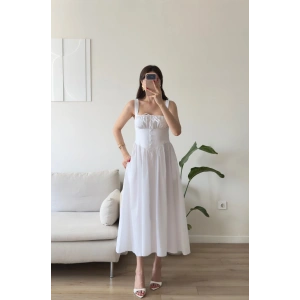 Bel Korse Askılı Prenses Elbise - BEYAZ