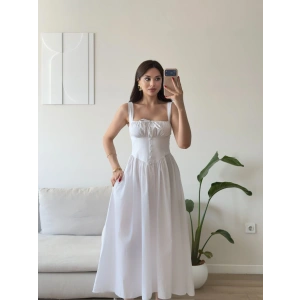 Bel Korse Askılı Prenses Elbise - BEYAZ