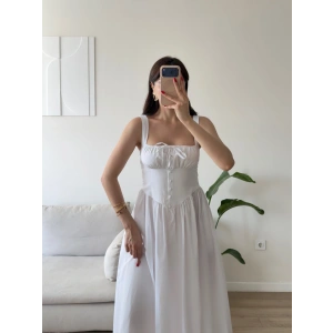 Bel Korse Askılı Prenses Elbise - BEYAZ