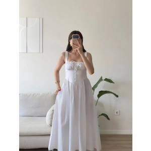 Bel Korse Askılı Prenses Elbise - BEYAZ
