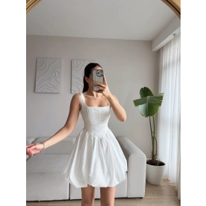 Bel Korse Balon Etek Elbise - BEYAZ