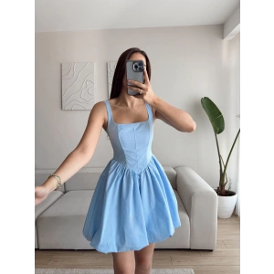 Bel Korse Balon Etek Elbise - MAVİ