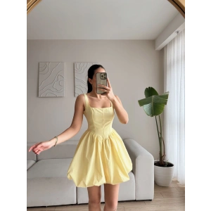 Bel Korse Balon Etek Elbise - SARI