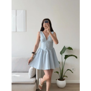 Bel Korse Çizgili Mini Elbise - MAVİ